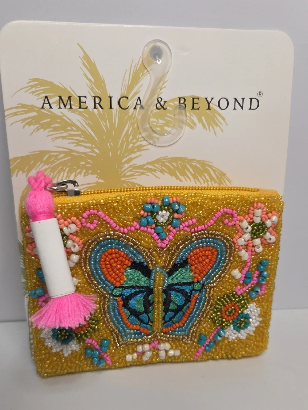 💛▪️America & Beyond▪️ Yellow Beaded Butterfly Coin Purse with Pink Tassel